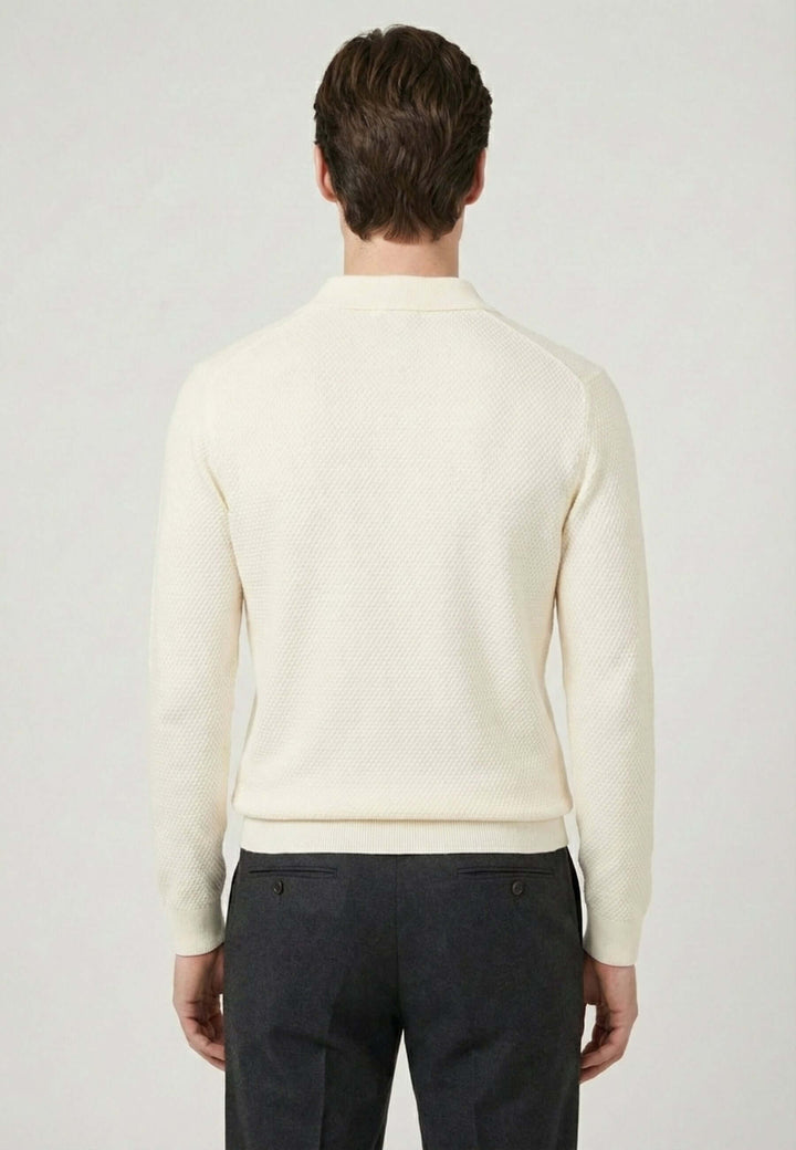 Knitted Buttoned Long Sleeve Polo - Off-white