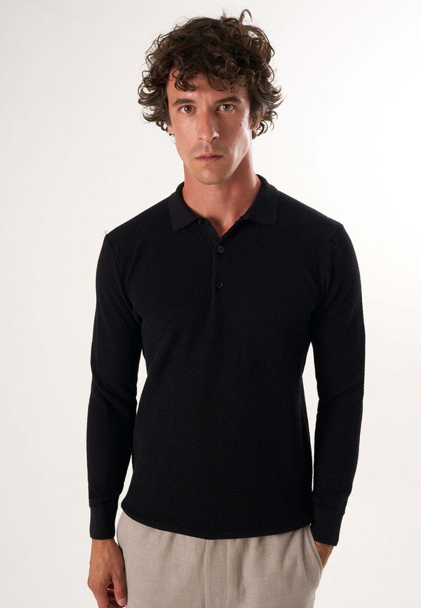 Knitted Buttoned Long Sleeve Polo