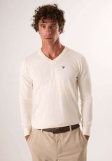 Langærmet pullover med V-hals – offwhite