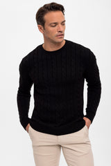Pull à col rond en maille torsadée pour homme - Noir