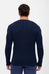 Kabelgebreide herentrui met ronde hals – donkerblauw