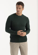 Meeste palmikmustriga ümarkaelusega pullover – tumeroheline