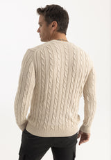 Kabelgebreide herentrui met ronde hals – beige