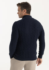 Kabelgebreide herentrui met halve rits – donkerblauw