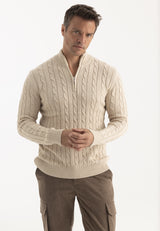 Kabelgebreide herentrui met halve rits – beige