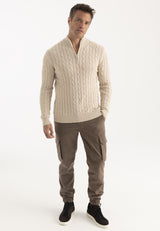 Kabelgebreide herentrui met halve rits – beige