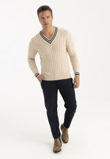 Pullover da uomo con scollo a V in maglia a trecce - Beige