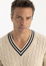Pullover da uomo con scollo a V in maglia a trecce - Beige