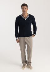 Jersey de punto de ochos de cuello de pico de hombre - Azul oscuro