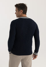 Jersey de punto de ochos de cuello de pico de hombre - Azul oscuro
