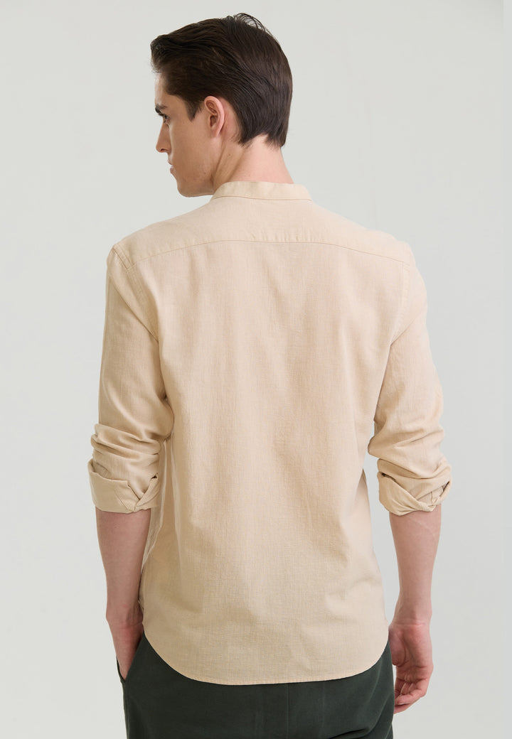 Men Mandarin Collar Long Sleeve Linen Shirt
