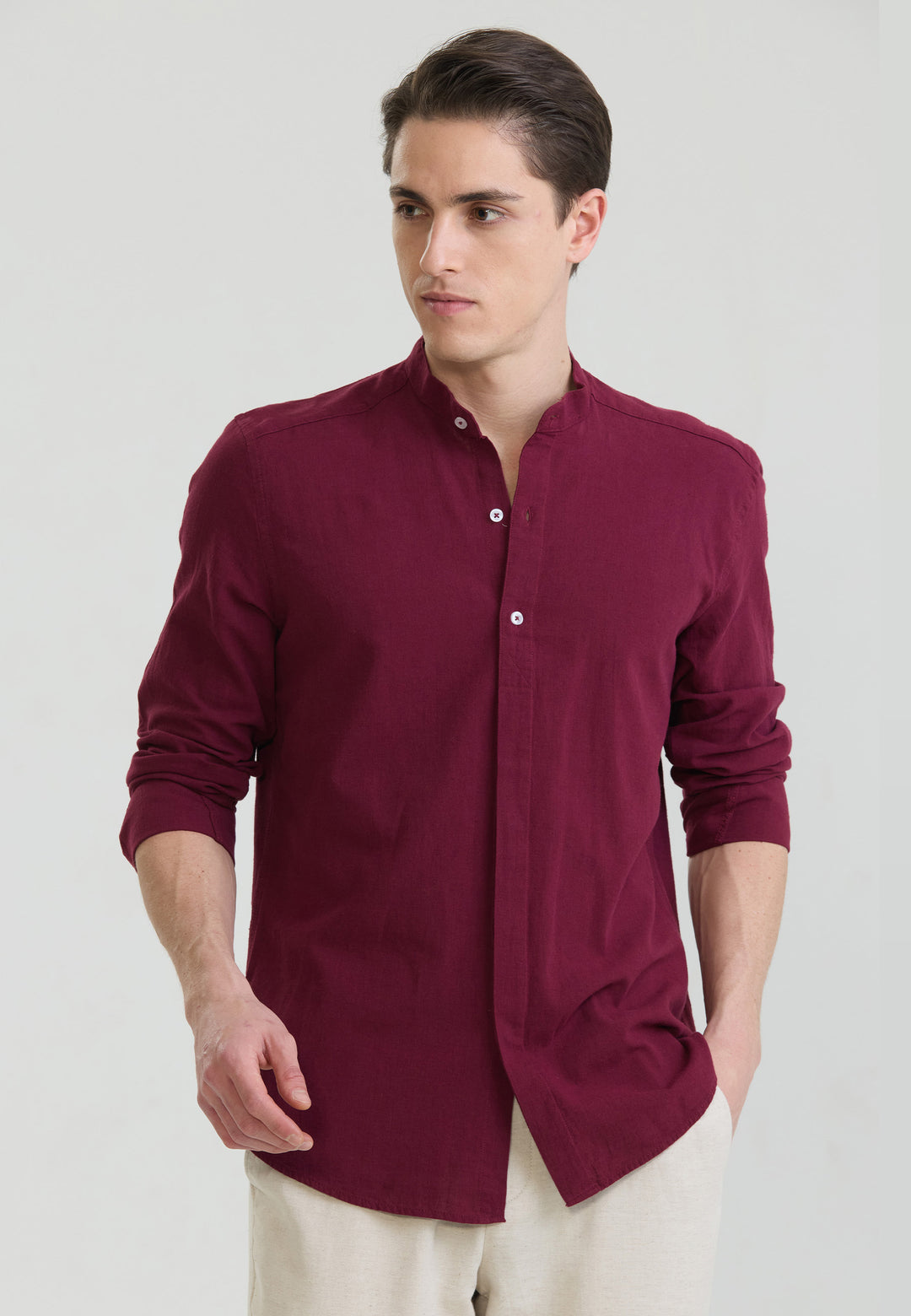 Men Mandarin Collar Long Sleeve Linen Shirt