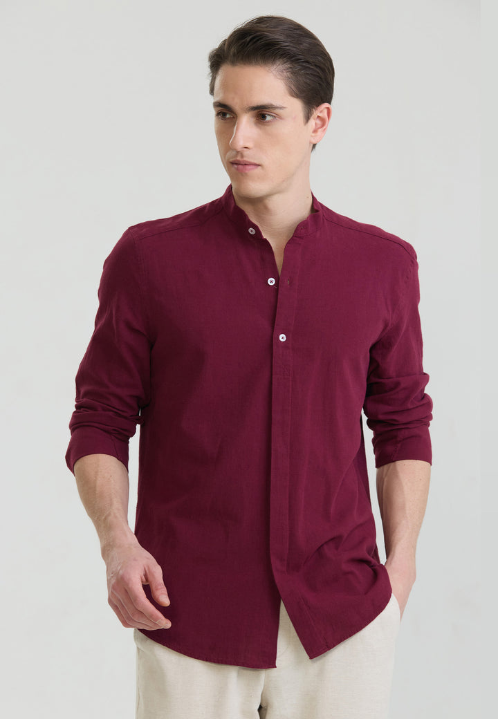 Men Mandarin Collar Long Sleeve Linen Shirt