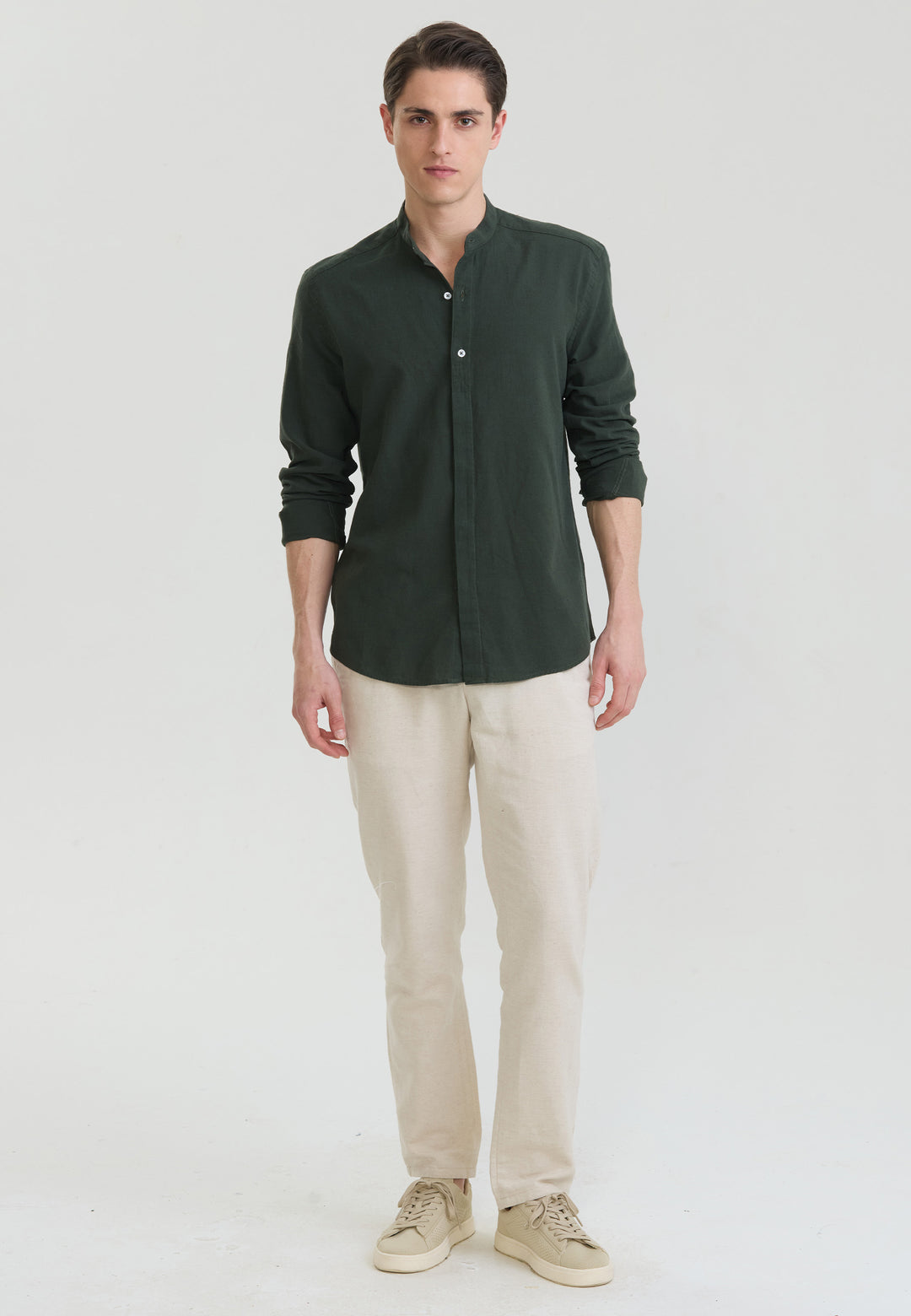 Men Mandarin Collar Long Sleeve Linen Shirt