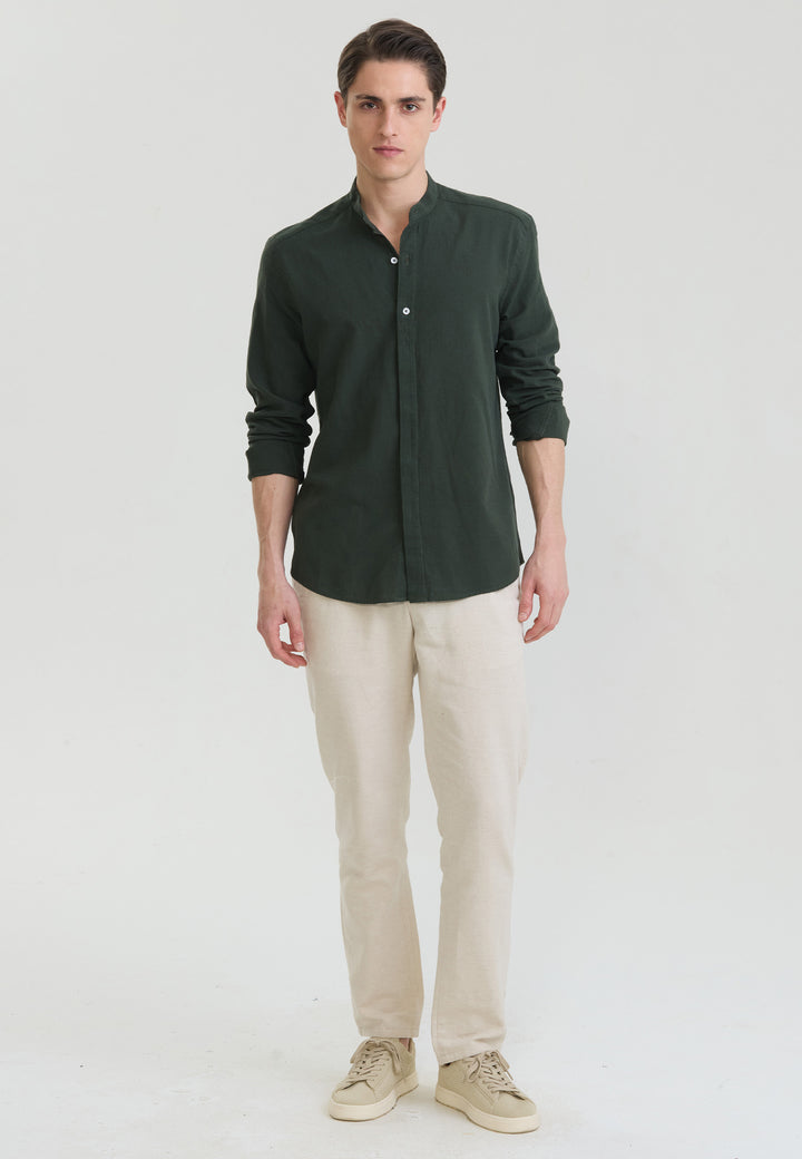Men Mandarin Collar Long Sleeve Linen Shirt
