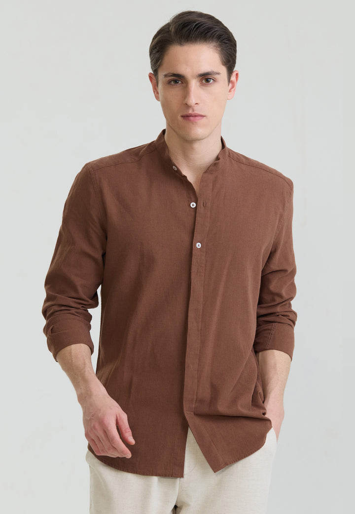 Men Mandarin Collar Long Sleeve Linen Shirt