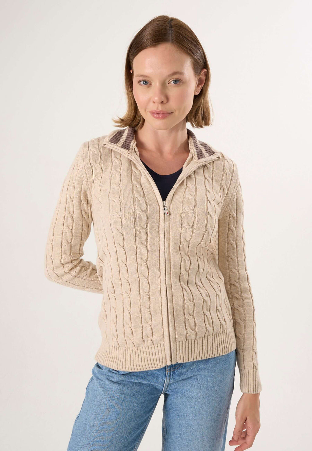 Cable Knit Full Zipper Long Sleeve Cardigan