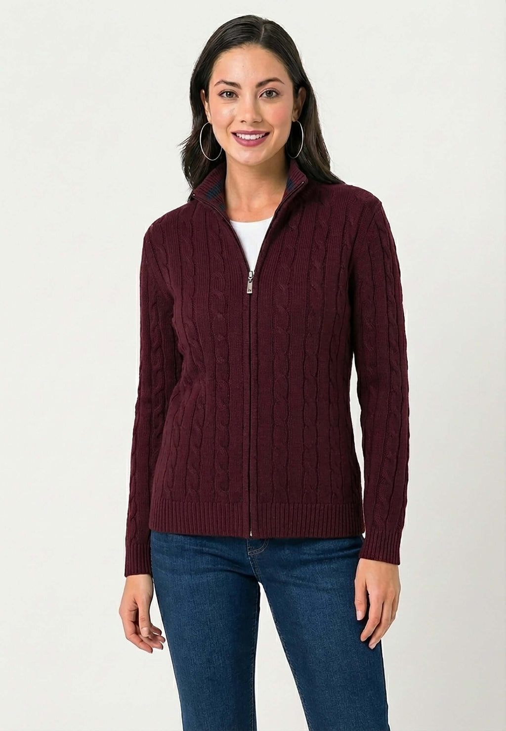 Cable Knit Full Zipper Long Sleeve Cardigan