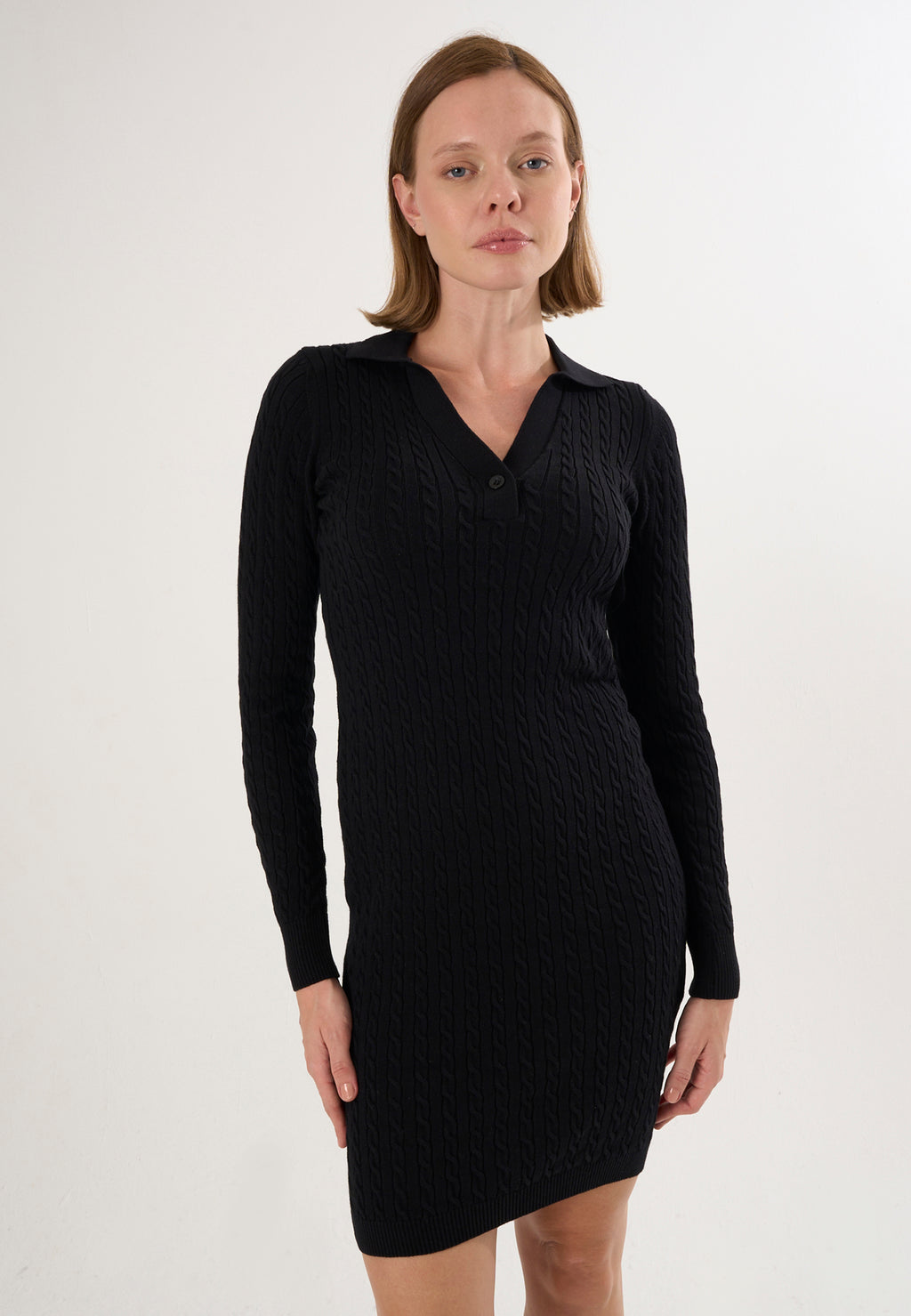 Cable Knit Long Sleeve Polo Dress