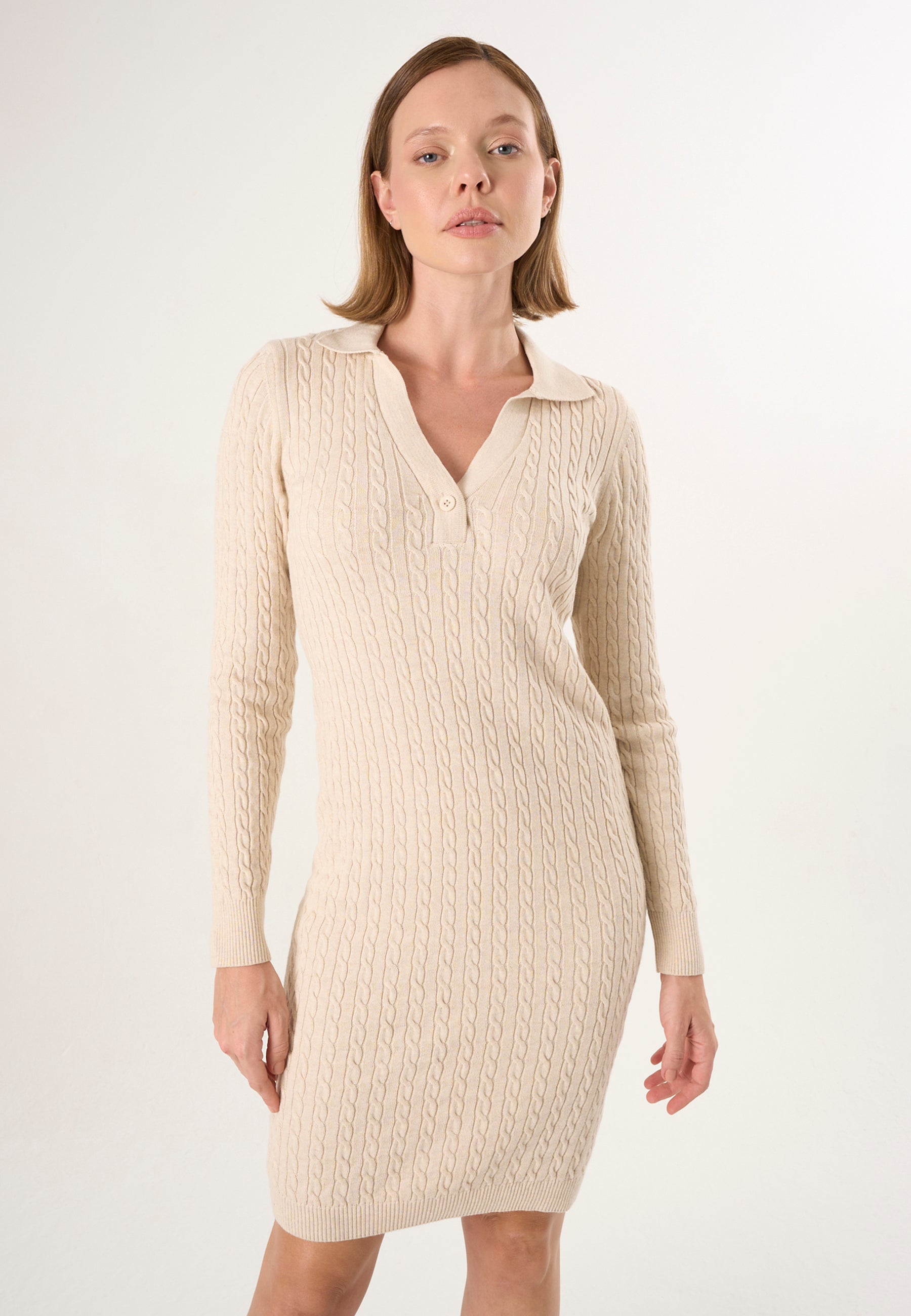 Cable Knit Long Sleeve Polo Dress