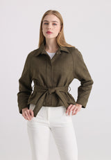 Chaqueta de ante sintético con cinturón de mujer - Caqui