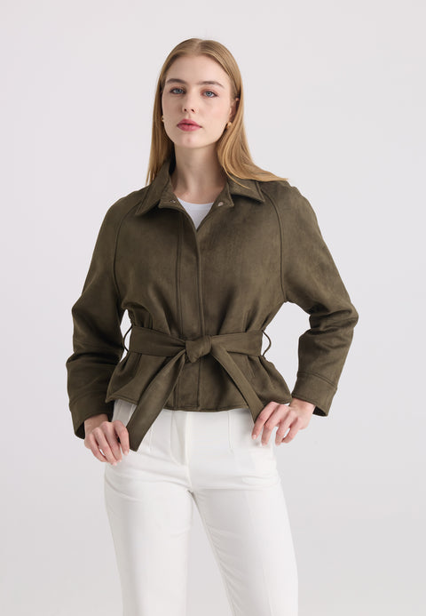 Women’s Belted Faux Suede Jacket - Khaki