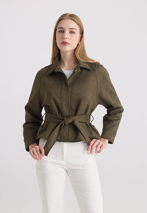 Women’s Belted Faux Suede Jacket - Khaki