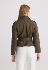 Chaqueta de ante sintético con cinturón de mujer - Caqui