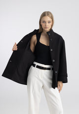 Manteau court à col montant, aspect laine, pour femme - Noir