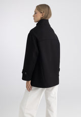 Manteau court à col montant, aspect laine, pour femme - Noir