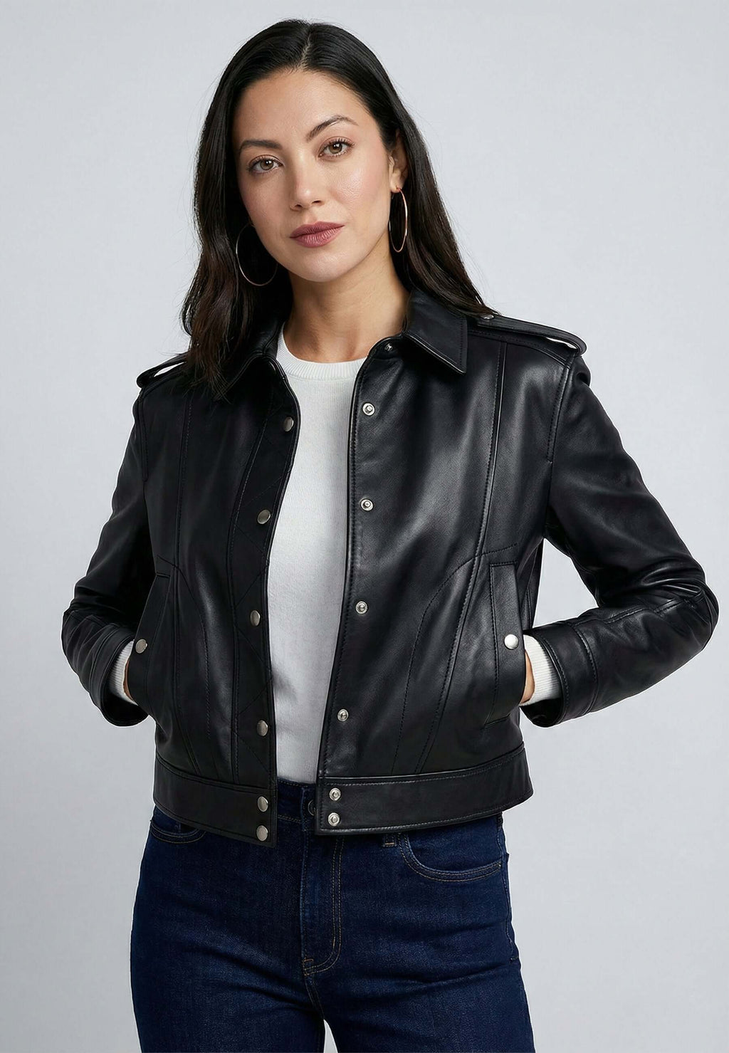 Cropped Leather Jacket with button