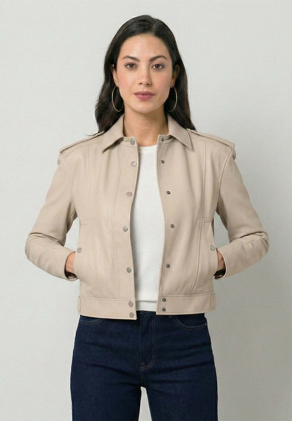Cropped Leather Jacket with button