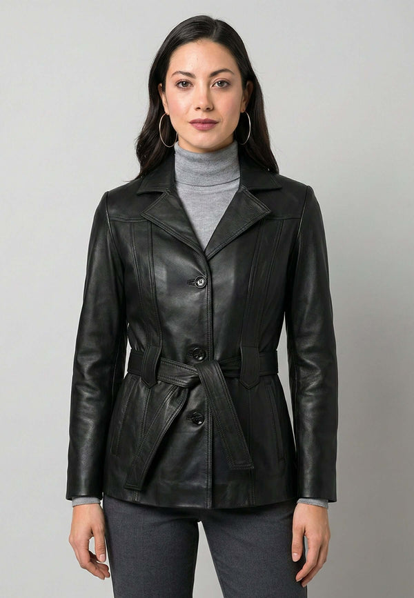 Belted Button-Up Classic Leather Jacket