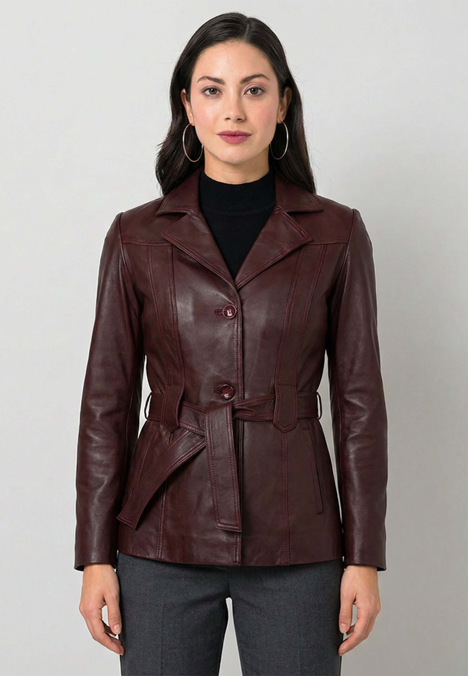 Belted Button-Up Classic Leather Jacket