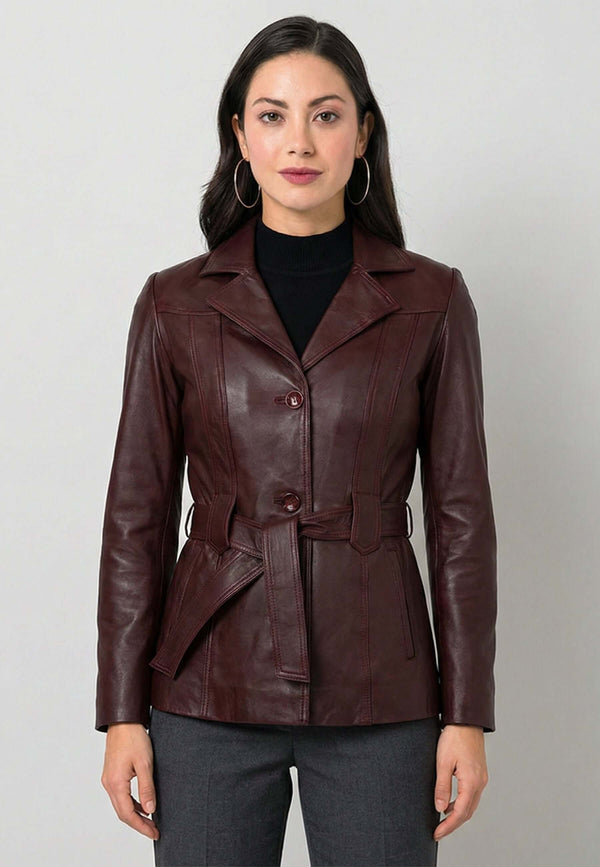 Belted Button-Up Classic Leather Jacket