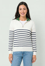 Pull rayé à demi-zip pour femme - Blanc cassé
