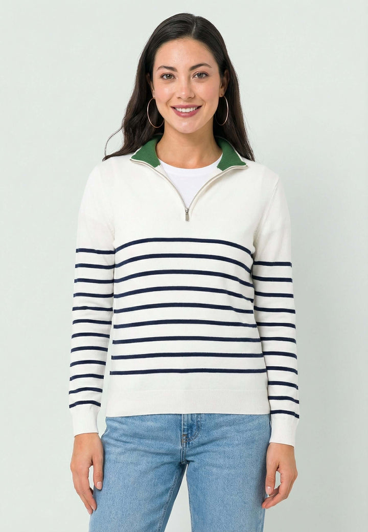 Women Half Zipper Striped Pullover