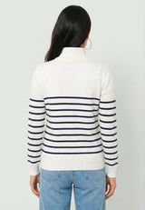 Pull rayé à demi-zip pour femme - Blanc cassé