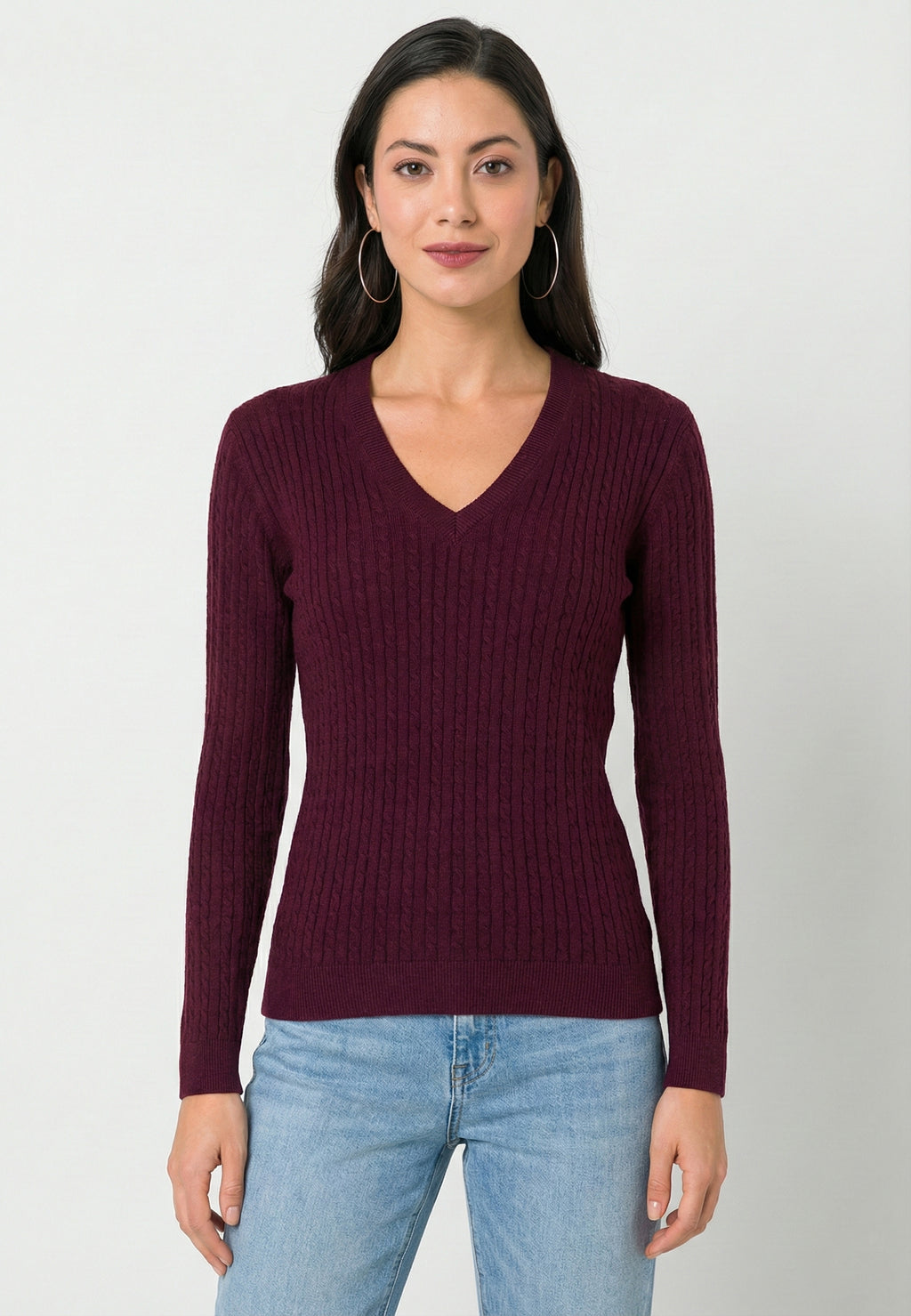 Cable Knit V-Neck Long Sleeve Pullover
