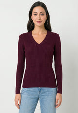 Palmikmustriga V-kaelusega pikkade varrukatega pullover – bordoo
