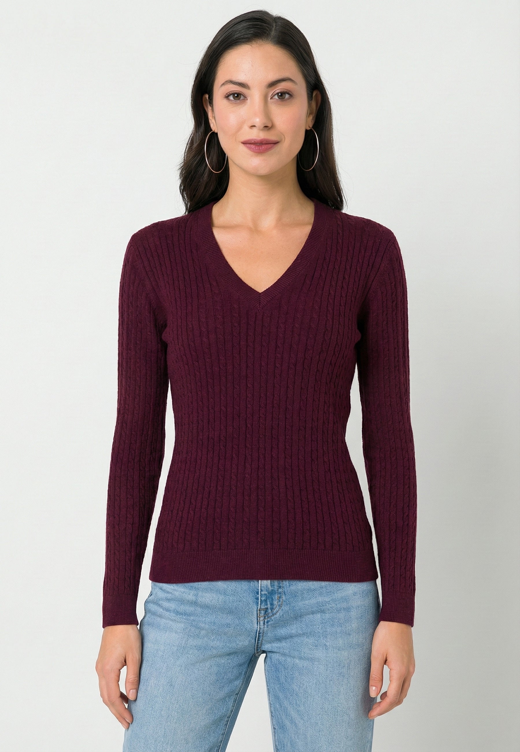 Cable Knit V-Neck Long Sleeve Pullover
