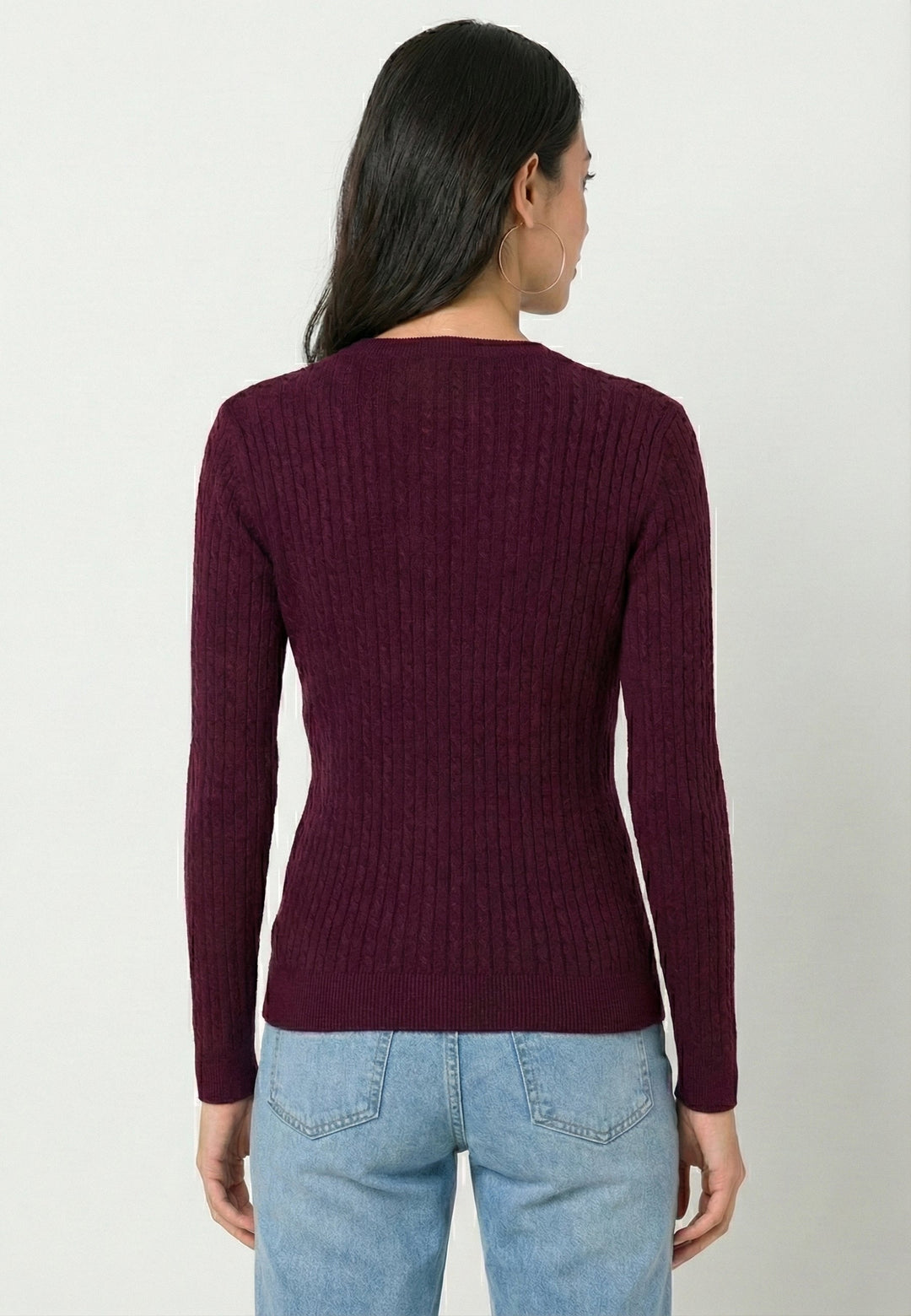 Cable Knit V-Neck Long Sleeve Pullover - Bordeaux