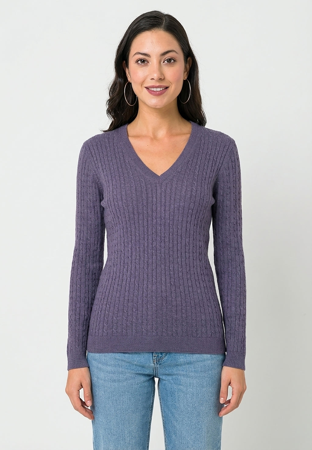 Cable Knit V-Neck Long Sleeve Pullover