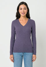 Jersey de punto de ochos de cuello de pico y manga larga - Morado