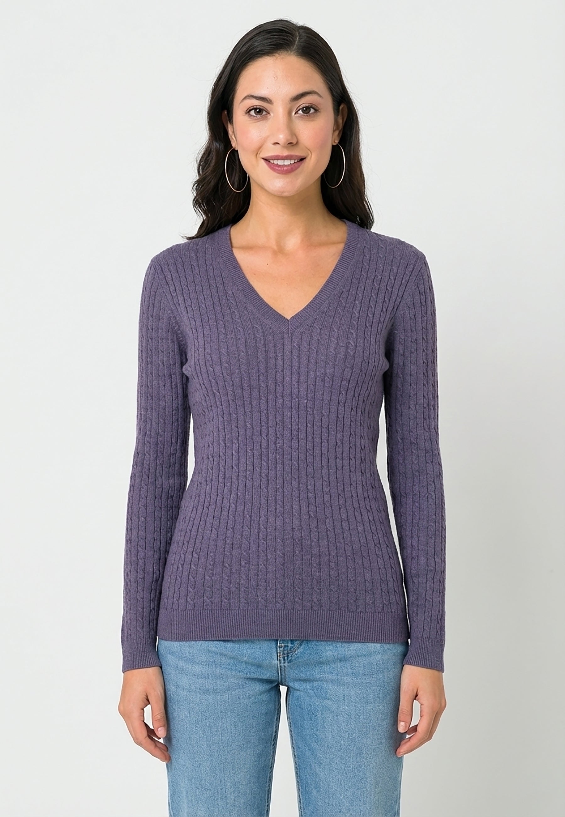 Cable Knit V-Neck Long Sleeve Pullover