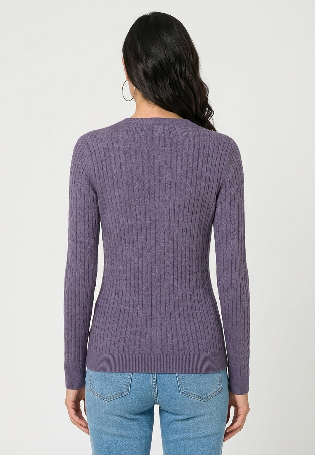 Cable Knit V-Neck Long Sleeve Pullover - Purple