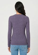 Jersey de punto de ochos de cuello de pico y manga larga - Morado