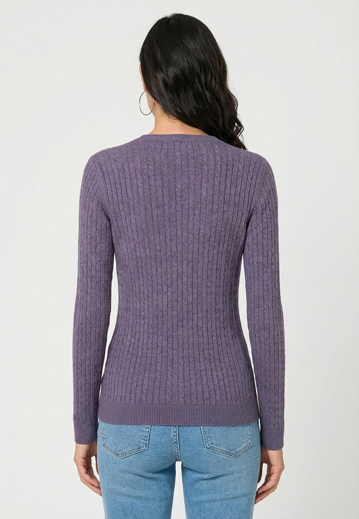 Cable Knit V-Neck Long Sleeve Pullover - Purple