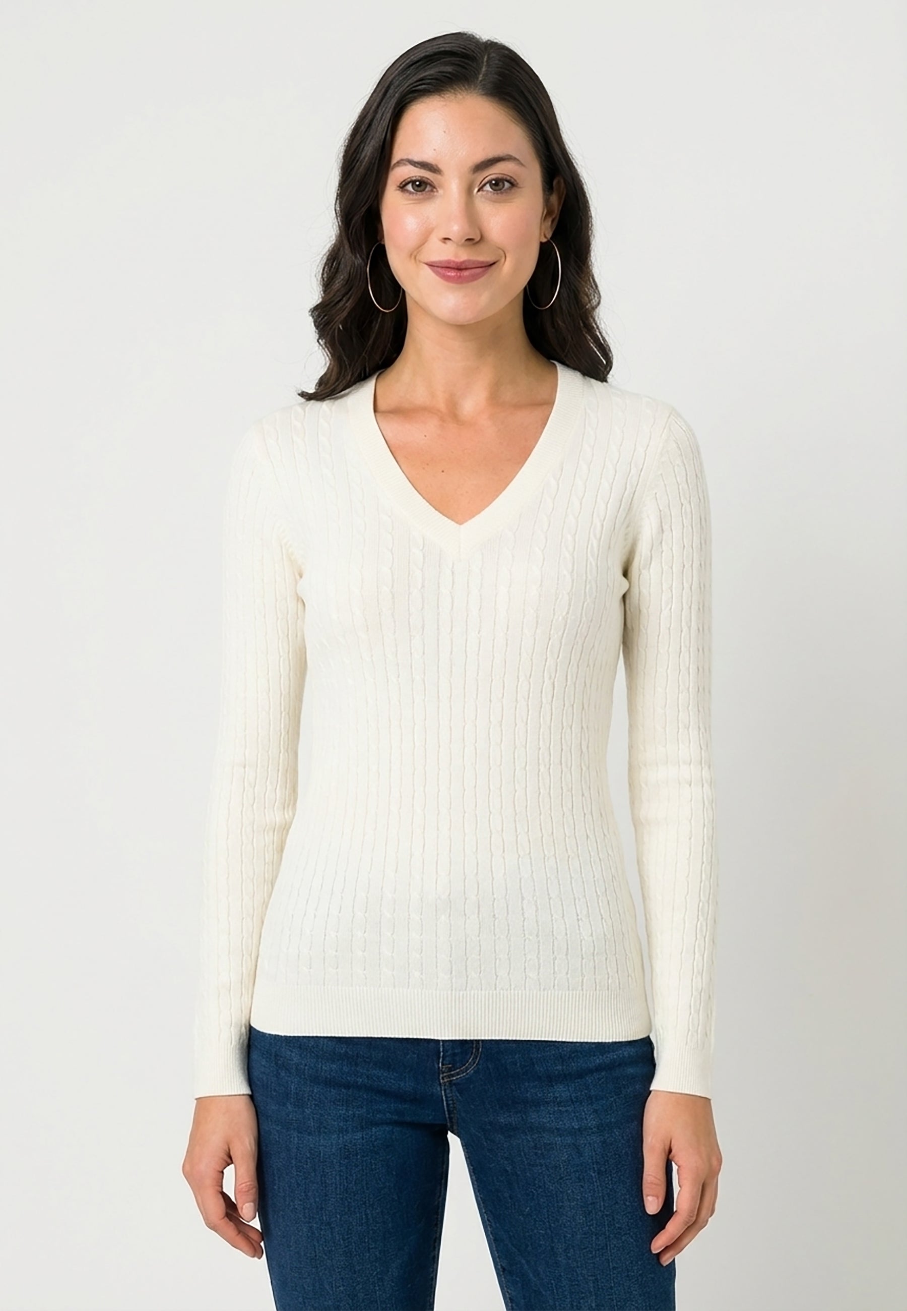 Cable Knit V-Neck Long Sleeve Pullover