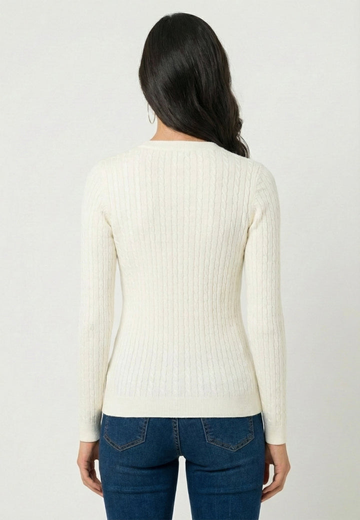 Cable Knit V-Neck Long Sleeve Pullover - Off-white